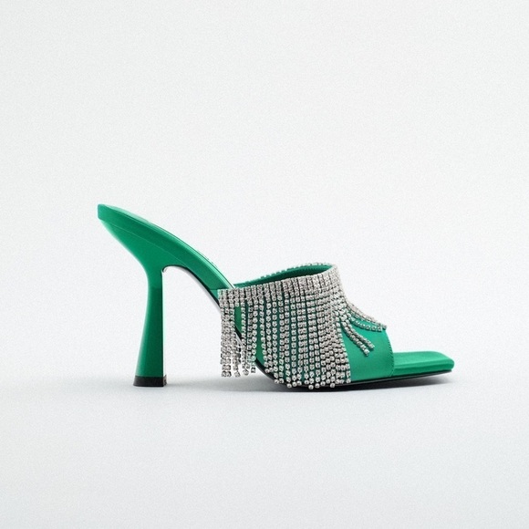 Zara Shoes - NWT. Zara Green Sparkly Heeled Sandals with Rhinestone Fringe. Size 9.